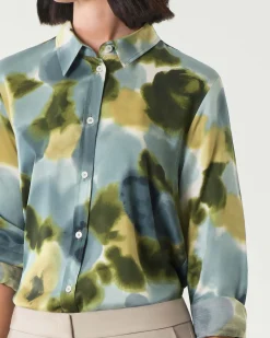 Camicia Emme Marella a fantasia acquerello azzurra e verde in raso di viscosa
