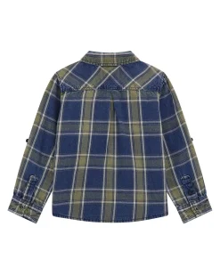 Camicia Guess denim di puro cotone a quadri blu e verde