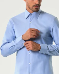 Camicia Hank Boss azzurra slim-fit in twill di cotone stretch con colletto Kent