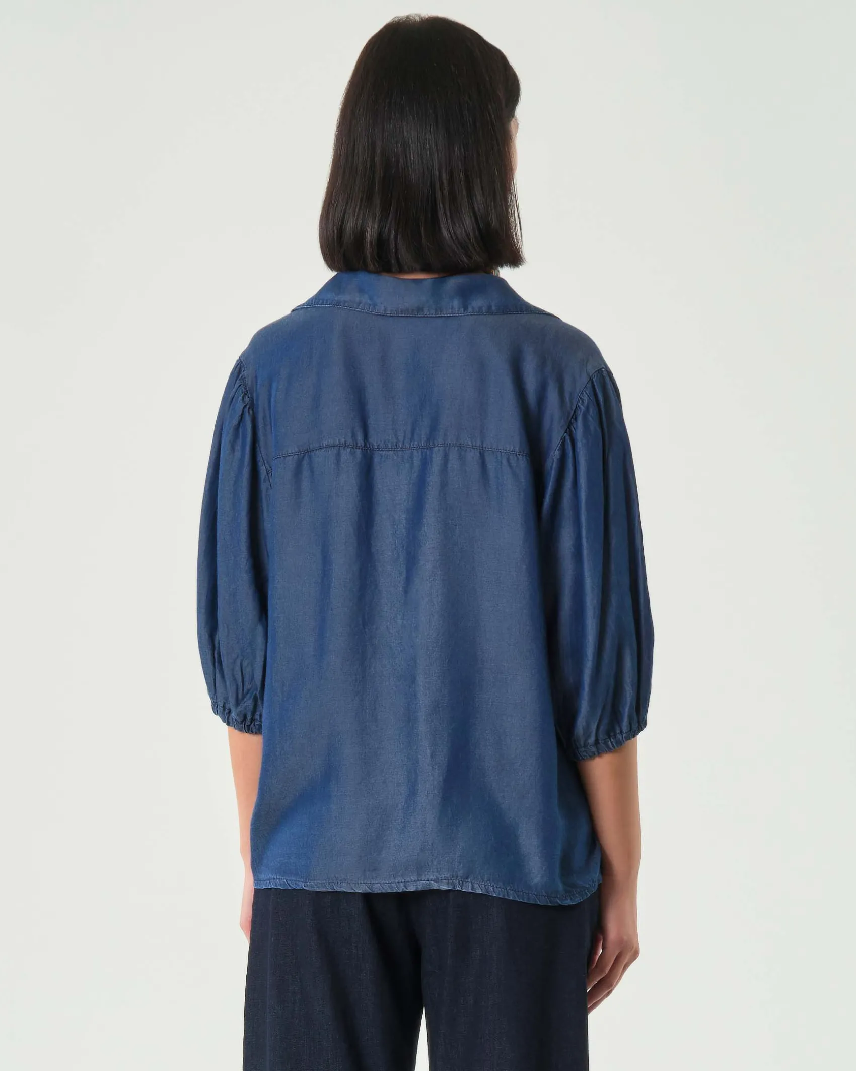 Camicia Hlo! blu stone washed chambray con maniche tre quarti a sbuffo