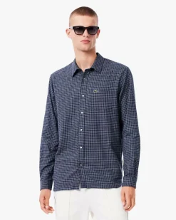 Camicia Lacoste a quadretti blu indaco in flanella di cotone con taschino al petto