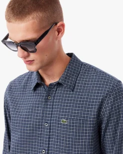 Camicia Lacoste a quadretti blu indaco in flanella di cotone con taschino al petto