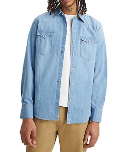 Camicia Levi's western in denim di puro cotone lavaggio chiaro super stone washed