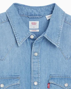 Camicia Levi's western in denim di puro cotone lavaggio chiaro super stone washed