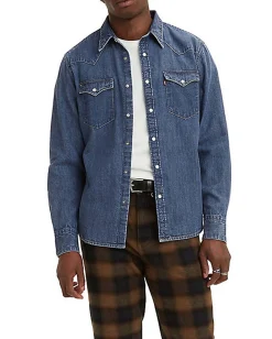 Camicia Levi's western in denim di puro cotone lavaggio medio stone washed