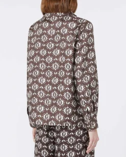 Camicia marrone Weekend Max Mara in seta a fantasia fiori bianchi con scollo a rever