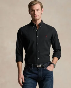 Camicia nera slim-fit Polo Ralph Lauren in popeline di cotone stretch con logo pony rosso ricamato sul petto e colletto button-down