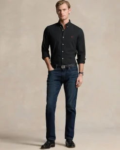 Camicia nera slim-fit Polo Ralph Lauren in popeline di cotone stretch con logo pony rosso ricamato sul petto e colletto button-down