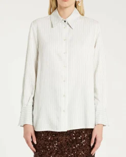 Camicia over bianca Marella in misto viscosa a righe sottili grigie