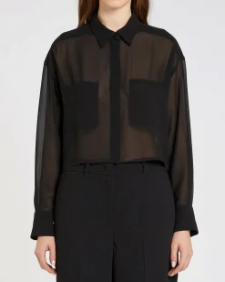 Camicia over nera in georgette crêpe Marella 365 con tasconi applicati sul petto