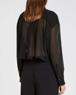 Camicia over nera in georgette crêpe Marella 365 con tasconi applicati sul petto