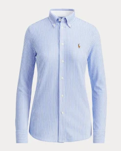 Camicia Oxford button down in mesh di cotone a righe bianche e azzurre con logo ricamato sul petto