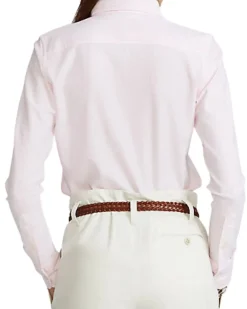 Camicia Oxford button down in mesh di cotone a righe bianche e rosa con logo ricamato sul petto