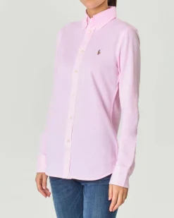 Camicia Oxford in maglia di cotone rosa con logo ricamato sul petto