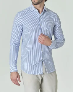Camicia Pellizzari bianca a righe blu royal in tessuto tecnico hyper comfort