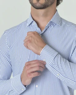 Camicia Pellizzari bianca a righe blu royal in tessuto tecnico hyper comfort