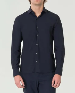 Camicia Pellizzari blu a tinta unita slim-fit in tessuto tecnico con colletto aperto alla francese