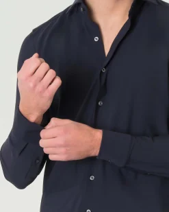 Camicia Pellizzari blu a tinta unita slim-fit in tessuto tecnico con colletto aperto alla francese