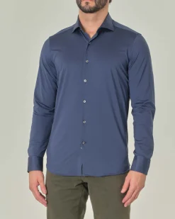 Camicia Pellizzari blu indaco in tessuto tecnico diagonale con collo alla francese