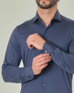 Camicia Pellizzari blu indaco in tessuto tecnico diagonale con collo alla francese