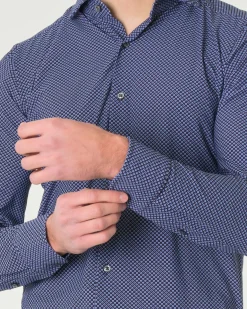 Camicia Pellizzari blu slim-fit in tessuto tecnico con micro-fantasia a pois azzurri