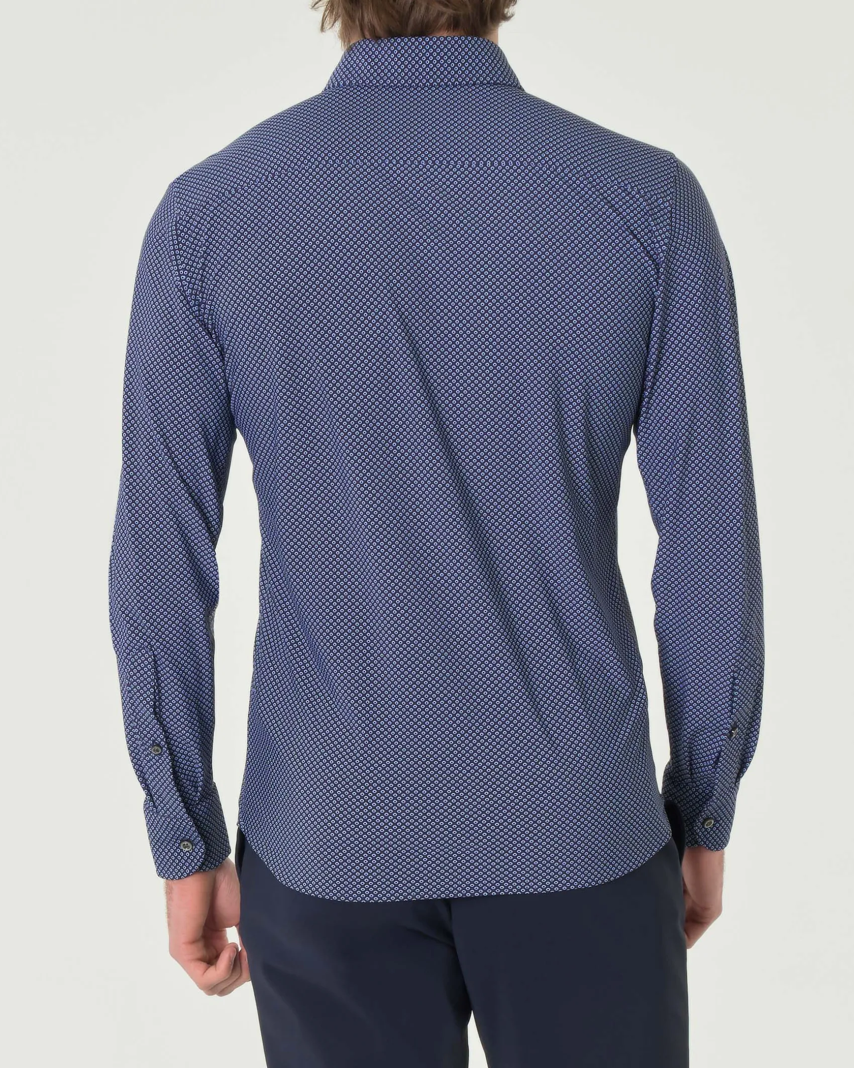 Camicia Pellizzari blu slim-fit in tessuto tecnico con micro-fantasia a pois azzurri