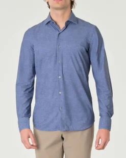 Camicia Pellizzari blu slim-fit in tessuto tecnico effetto chambray