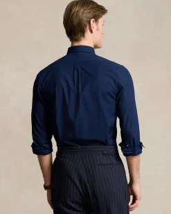 Camicia Polo Ralph Lauren blu in popeline di cotone stretch con colletto button down