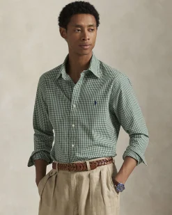 Camicia Polo Ralph Lauren custom-fit in popeline di cotone stretch a fantasia vichy bianco e verde con colletto button-down