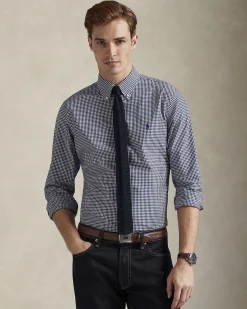 Camicia Polo Ralph Lauren custom-fit in popeline di cotone stretch a fantasia vichy bianco e blu con colletto button-down