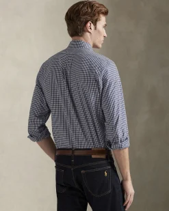 Camicia Polo Ralph Lauren custom-fit in popeline di cotone stretch a fantasia vichy bianco e blu con colletto button-down