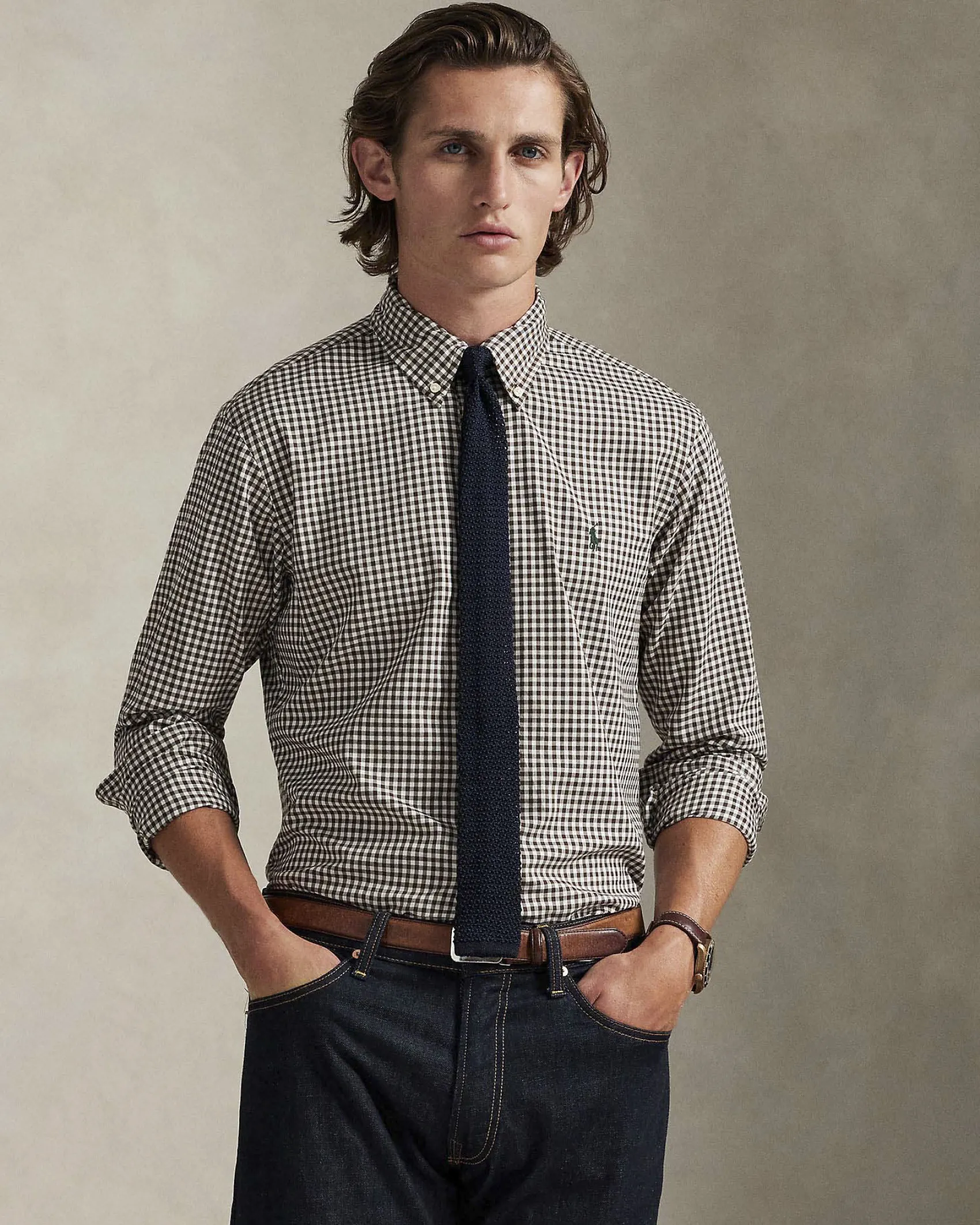 Camicia Polo Ralph Lauren custom-fit in cotone stretch a fantasia vichy bianca e marrone con colletto button-down