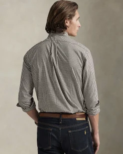 Camicia Polo Ralph Lauren custom-fit in cotone stretch a fantasia vichy bianca e marrone con colletto button-down