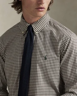 Camicia Polo Ralph Lauren custom-fit in cotone stretch a fantasia vichy bianca e marrone con colletto button-down