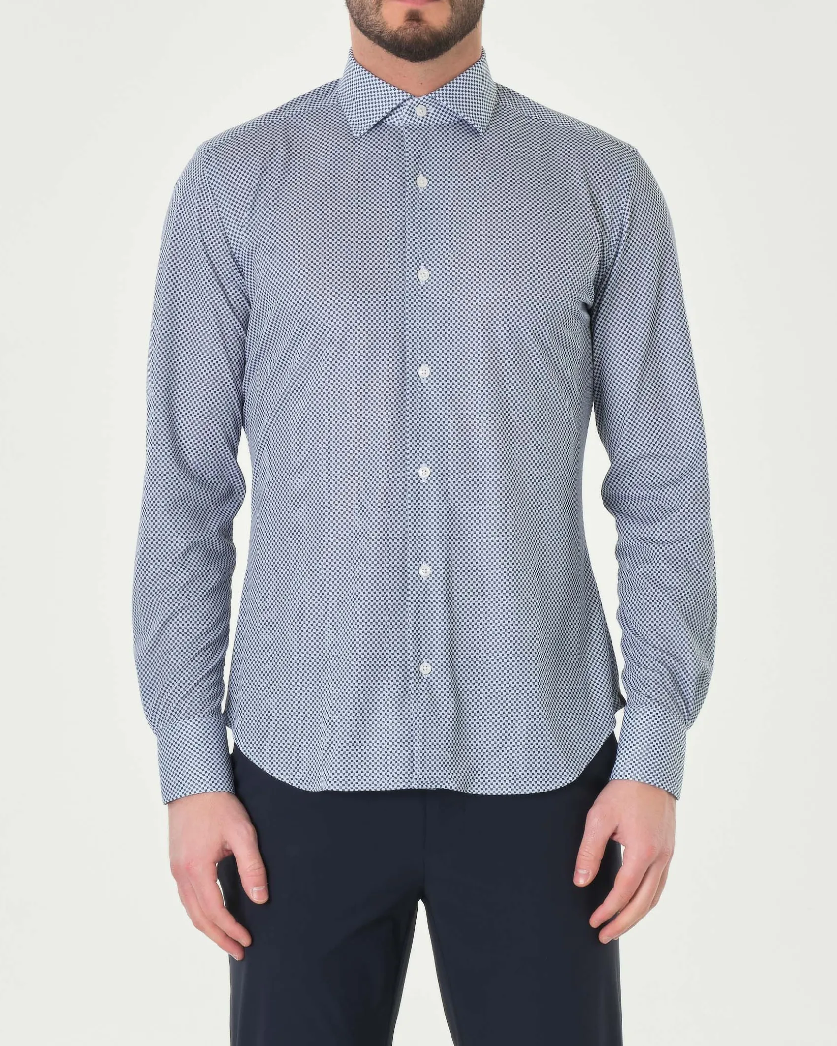Camicia Re-Do It bianca con micro fantasia blu in tessuto tecnico stretch