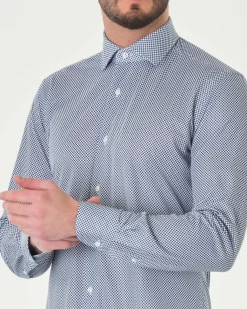 Camicia Re-Do It bianca con micro fantasia blu in tessuto tecnico stretch