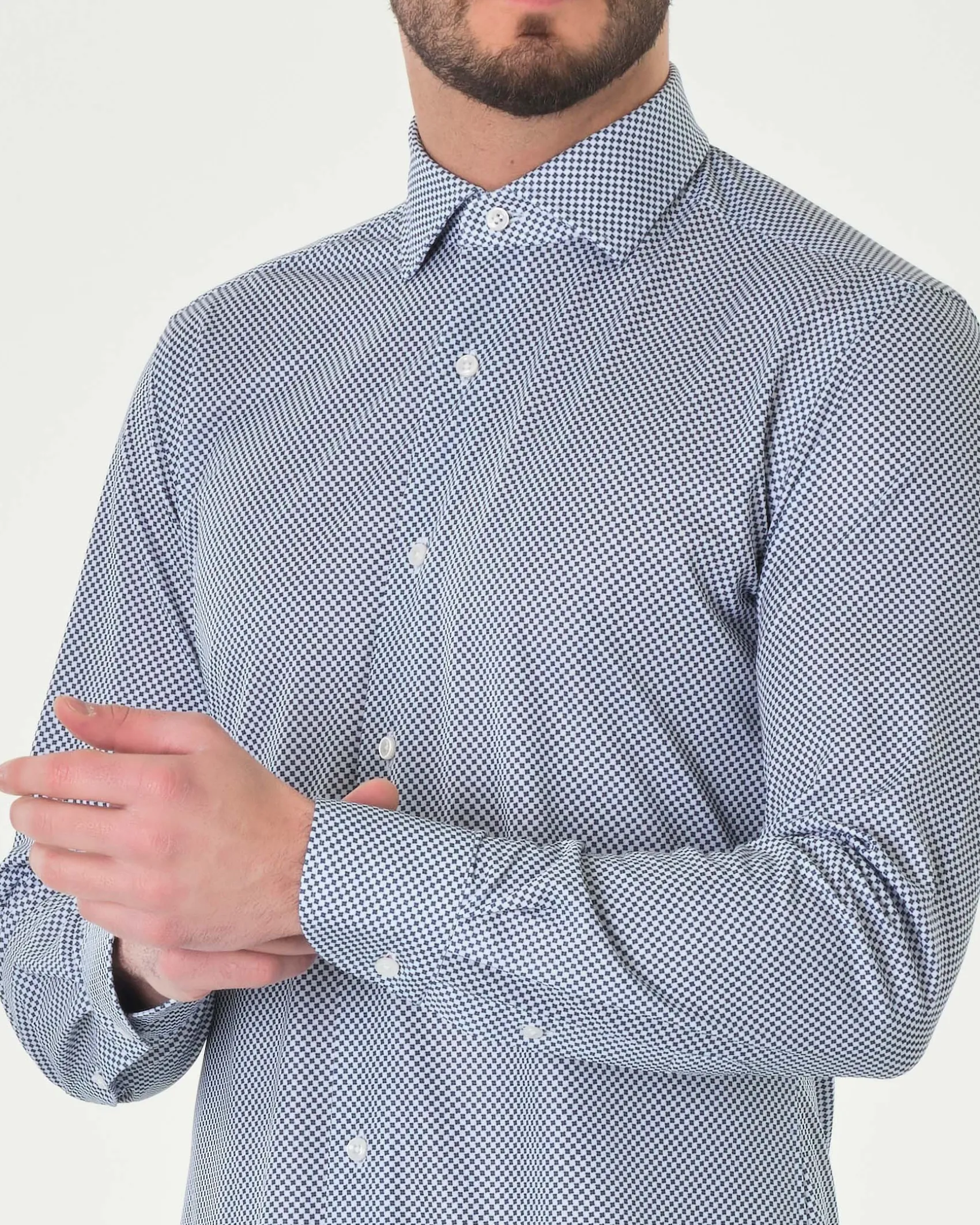 Camicia Re-Do It bianca con micro fantasia blu in tessuto tecnico stretch