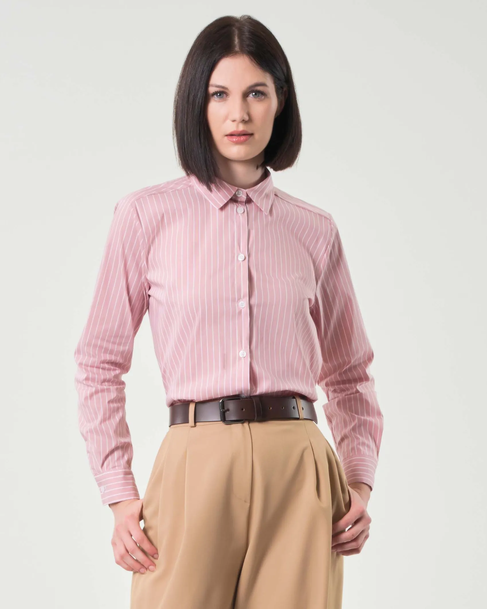 Camicia rosa cropped in misto cotone a righe bianche