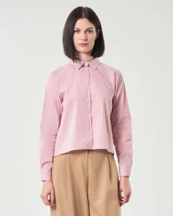 Camicia rosa cropped in misto cotone a righe bianche