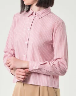 Camicia rosa cropped in misto cotone a righe bianche