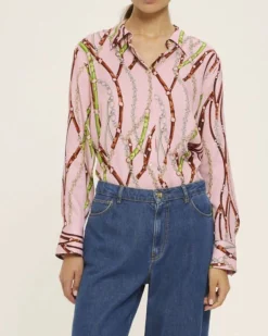 Camicia rosa Emme Marella in raso di viscosa a stampa briglie verdi e bordeaux