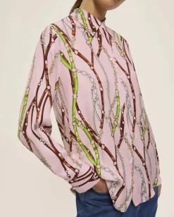 Camicia rosa Emme Marella in raso di viscosa a stampa briglie verdi e bordeaux