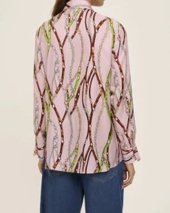 Camicia rosa Emme Marella in raso di viscosa a stampa briglie verdi e bordeaux