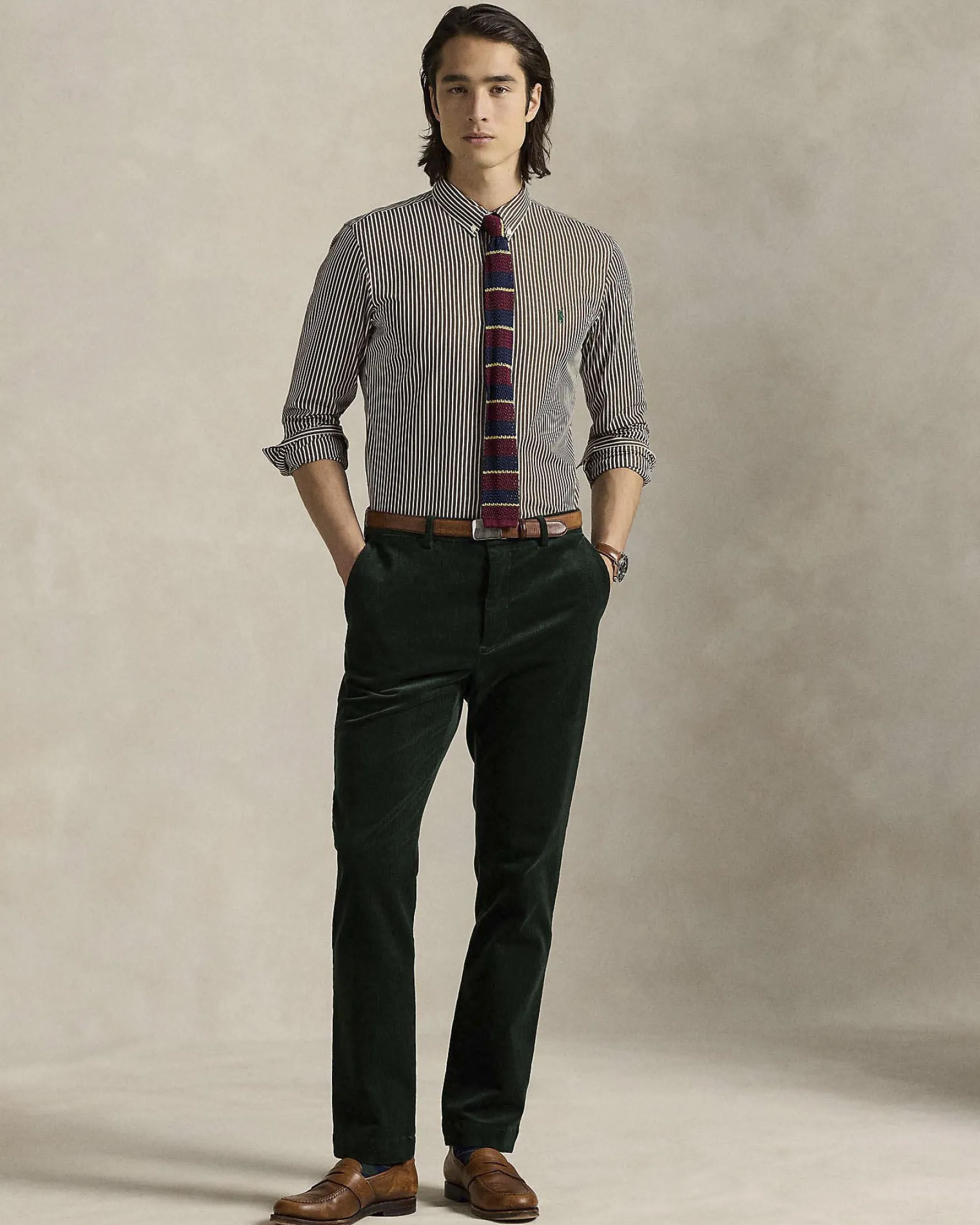 Camicia slim-fit Polo Ralph Lauren a righe bianche e marroni in popeline di cotone stretch con colletto button-down