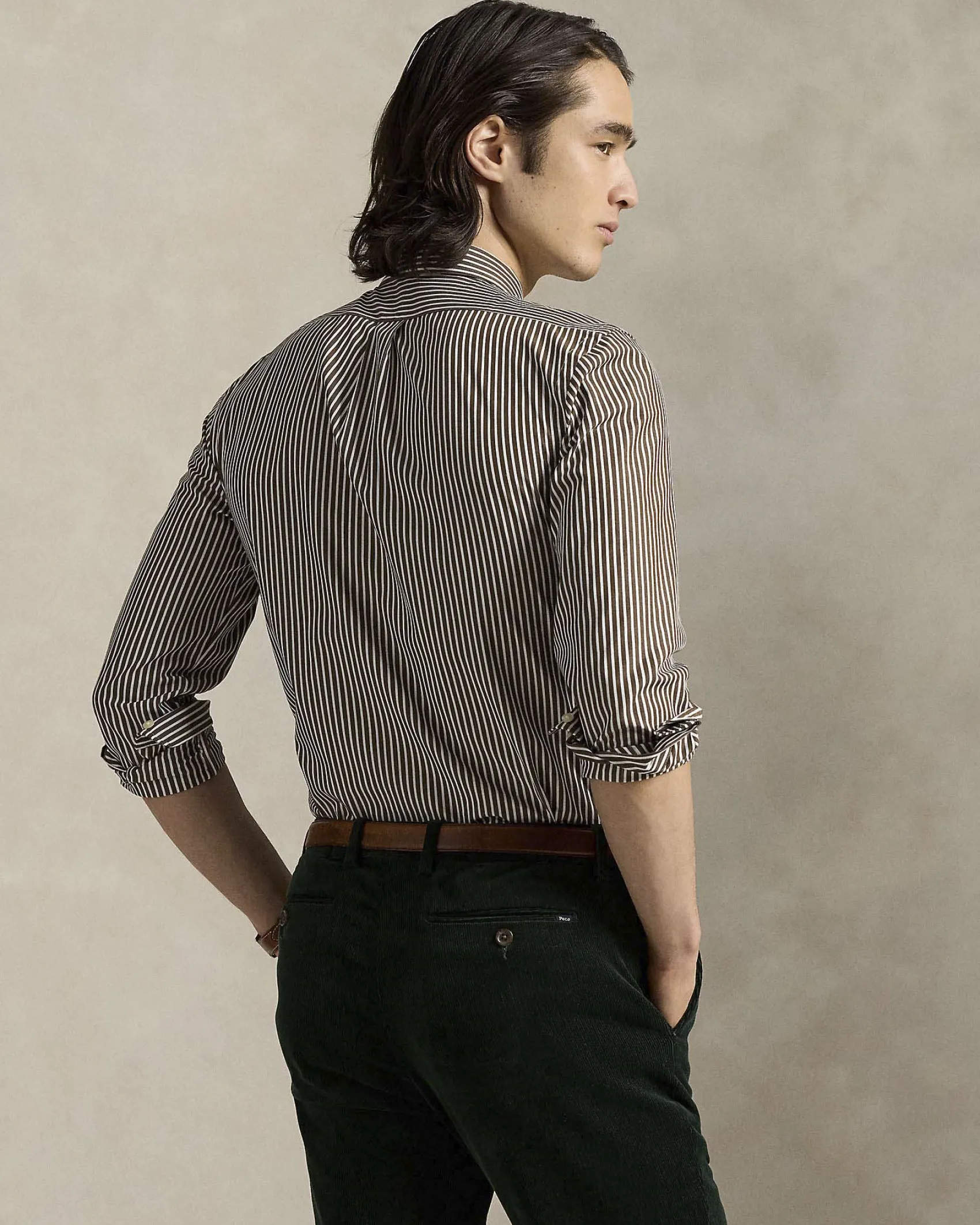 Camicia slim-fit Polo Ralph Lauren a righe bianche e marroni in popeline di cotone stretch con colletto button-down