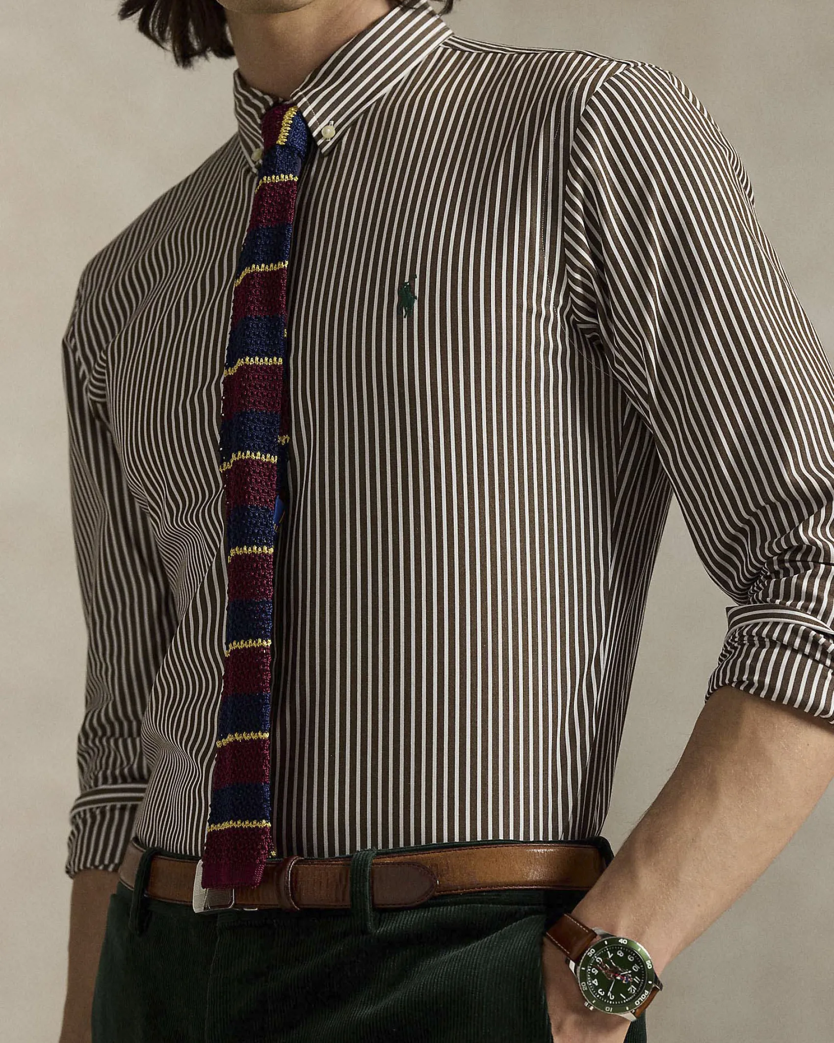 Camicia slim-fit Polo Ralph Lauren a righe bianche e marroni in popeline di cotone stretch con colletto button-down