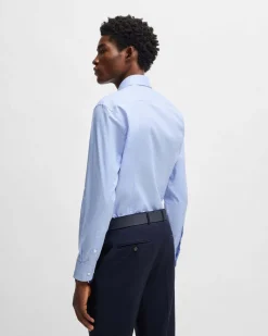 Camicia Spread Boss azzurra in cotone stretch micro pied de poule con colletto aperto alla francese