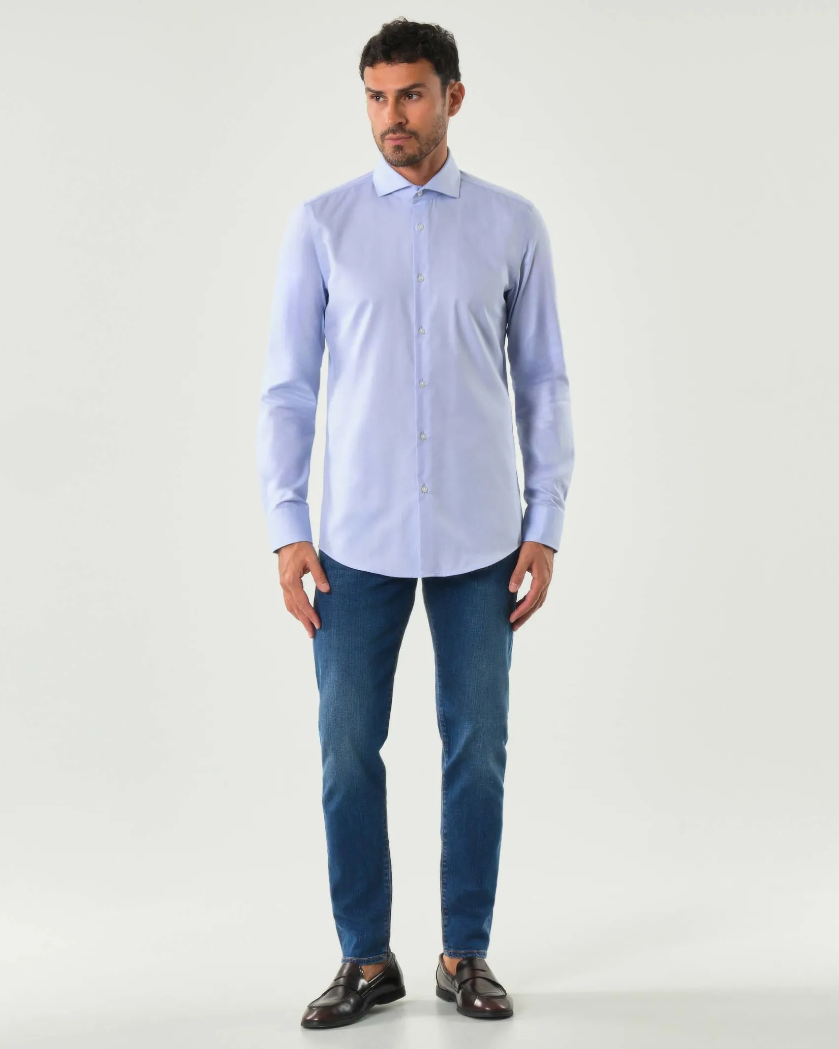 Camicia Spread Boss azzurra in puro cotone Oxford con colletto aperto alla francese