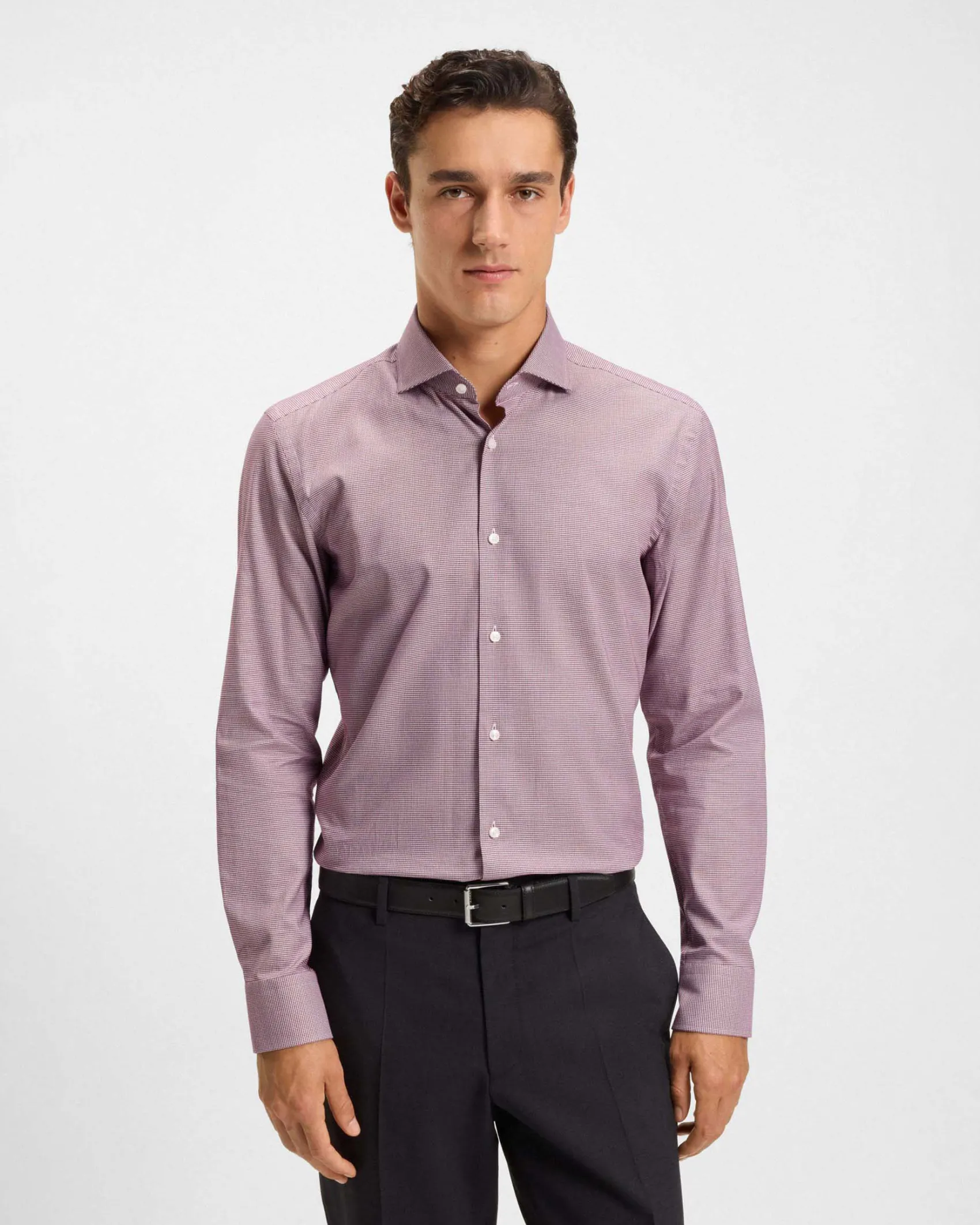 Camicia Spread Boss bordeaux in cotone stretch micro pied de poule con colletto aperto alla francese