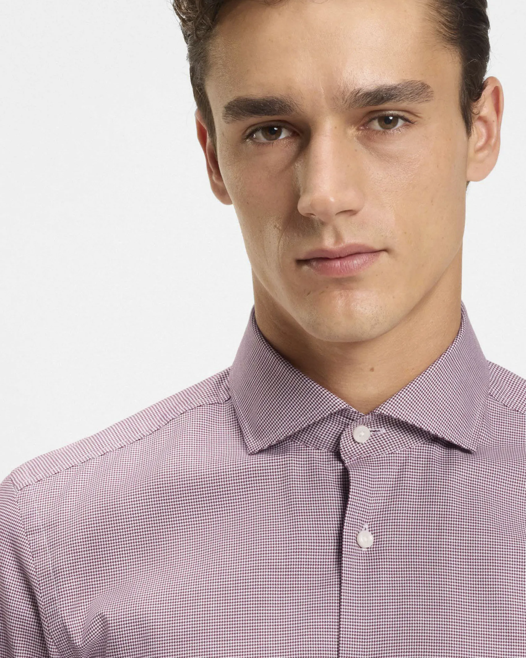 Camicia Spread Boss bordeaux in cotone stretch micro pied de poule con colletto aperto alla francese